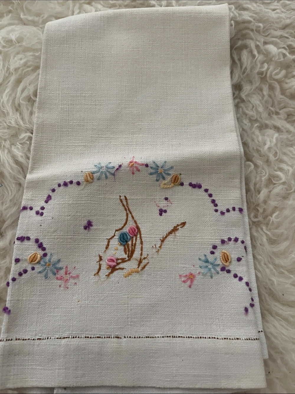 Embroidered Floral Linen Hand Towel in White with Pastel Accents